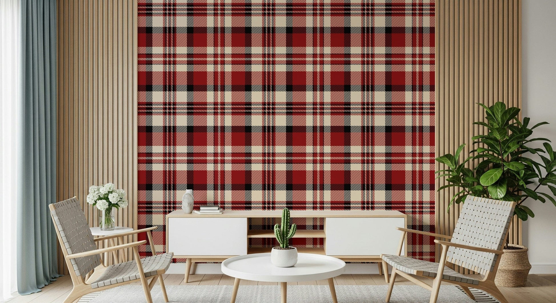 Crimson Plaid wallpaper featuring rich, vibrant plaid patterns for cozy interiors.