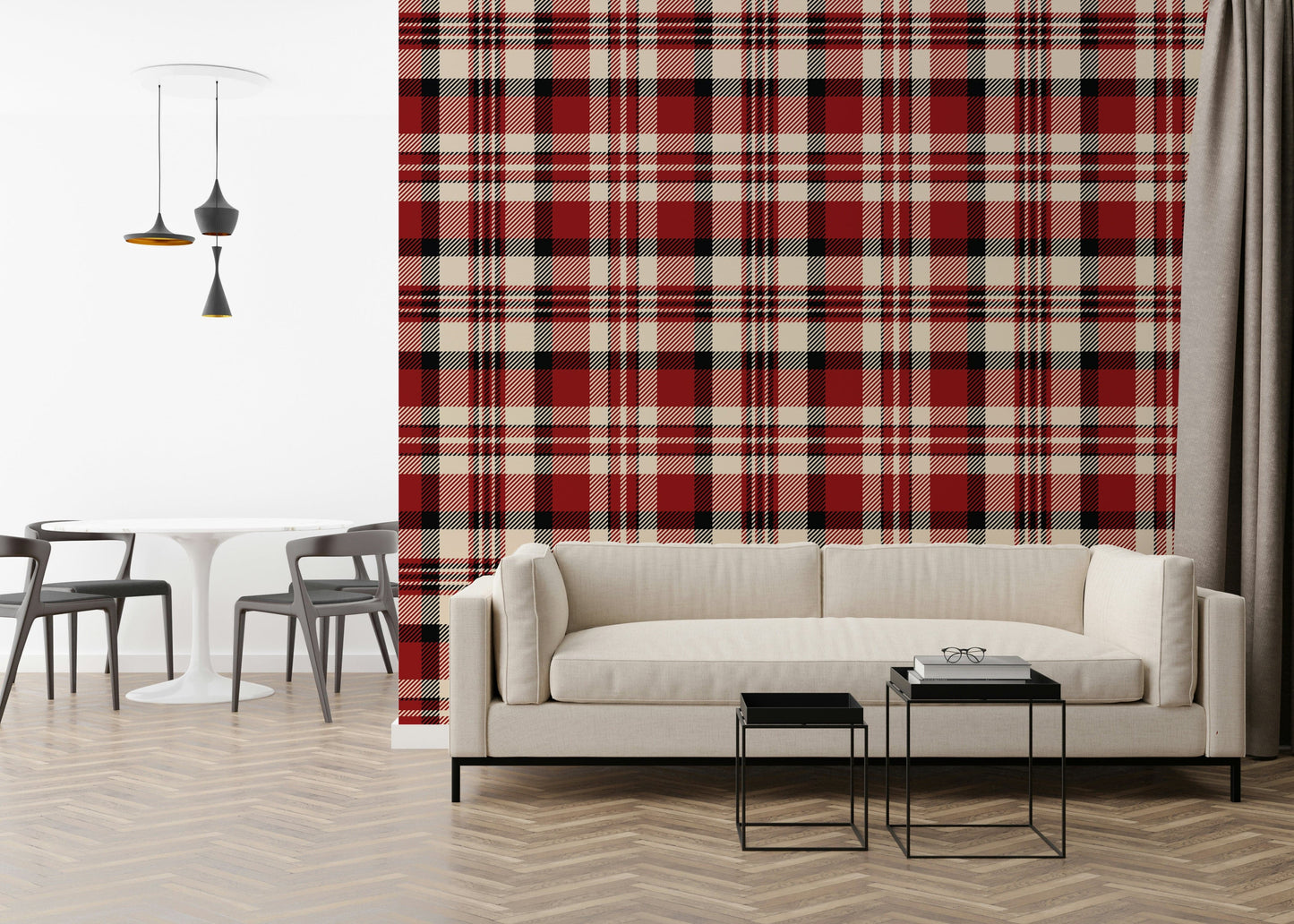 Crimson Plaid wall mural adding a warm, classic touch to home decor.