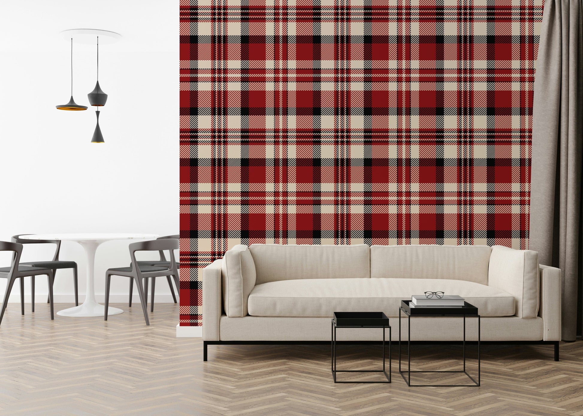 Crimson Plaid wall mural adding a warm, classic touch to home decor.