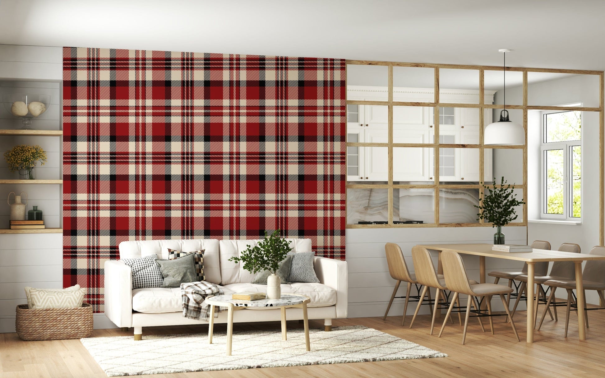 Crimson checkered wall covering featuring bold, geometric plaid design.