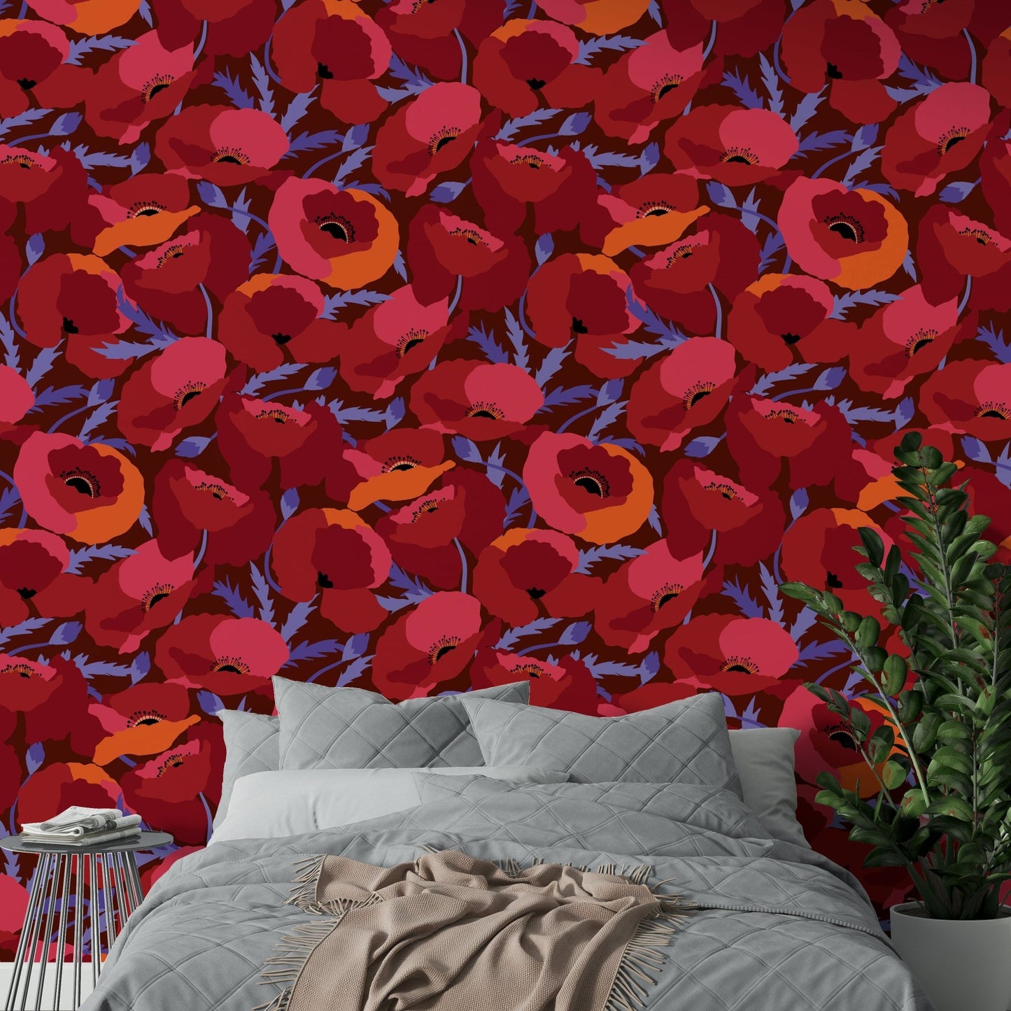 Poppy field-inspired mural in rich crimson shades

