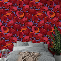 Poppy field-inspired mural in rich crimson shades

