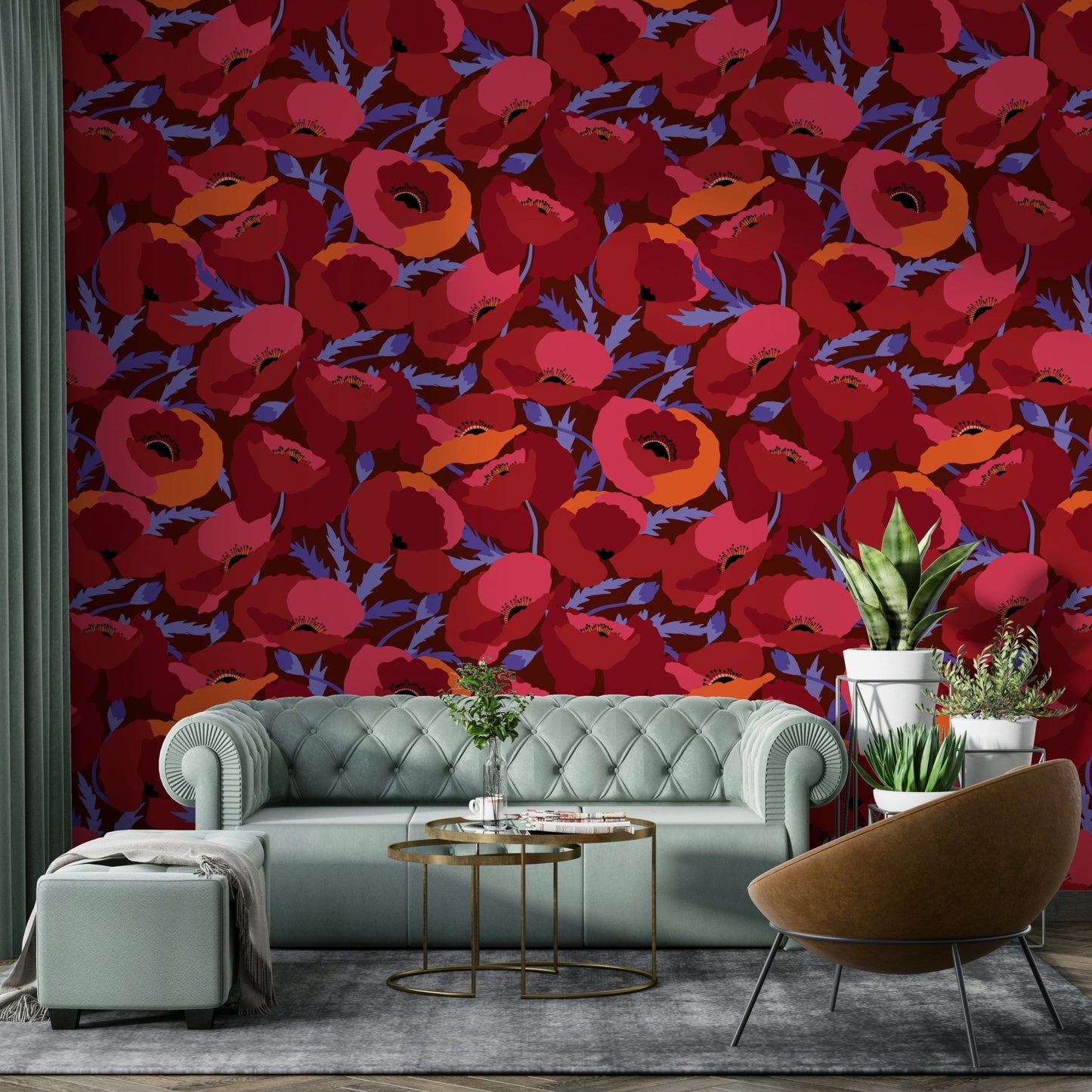 Crimson and pink poppy bloom mural in watercolor style

