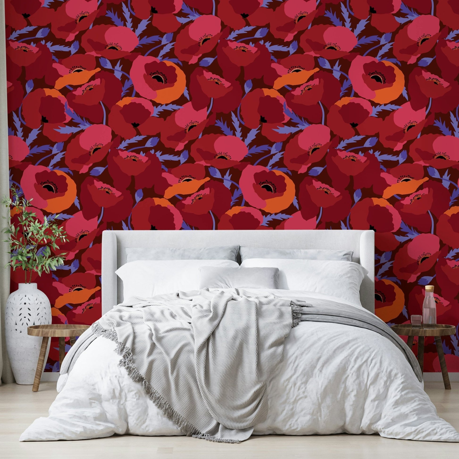 Botanical mural featuring blooming crimson poppies

