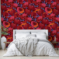 Botanical mural featuring blooming crimson poppies

