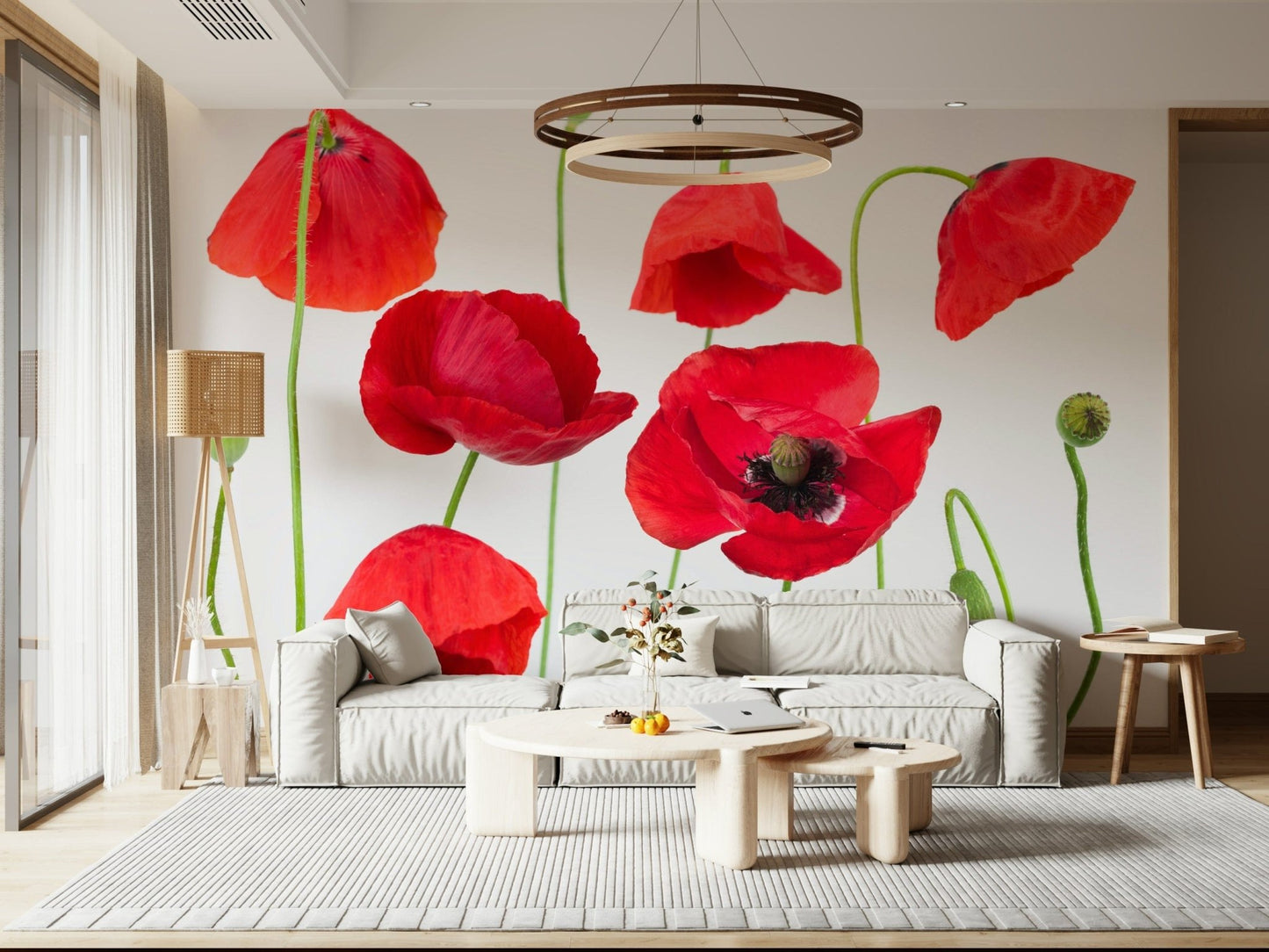 Lively botanical pattern Crimson Poppy Field wallpaper for walls suitable for living rooms.