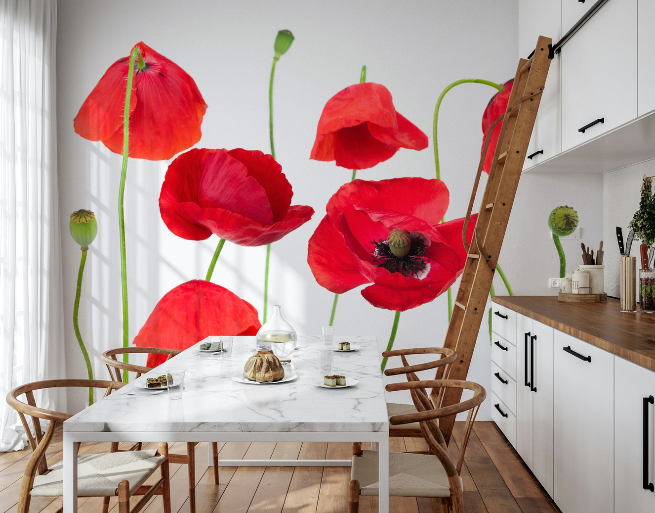 Sophisticated floral design Crimson Poppy Field wallpaper for walls.