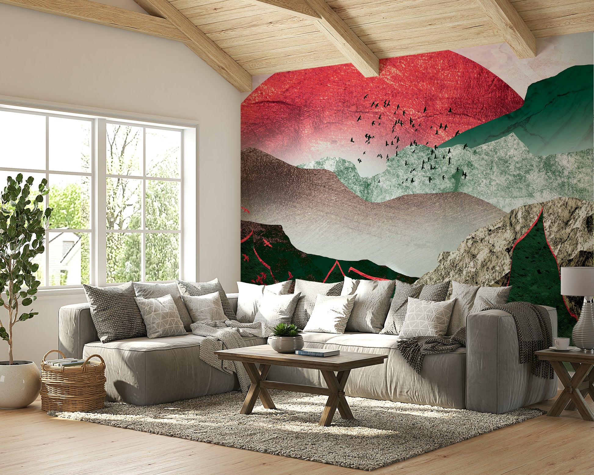 Crimson Sunset Over Misty Mountains design highlighting the layered fog and dusk sky.