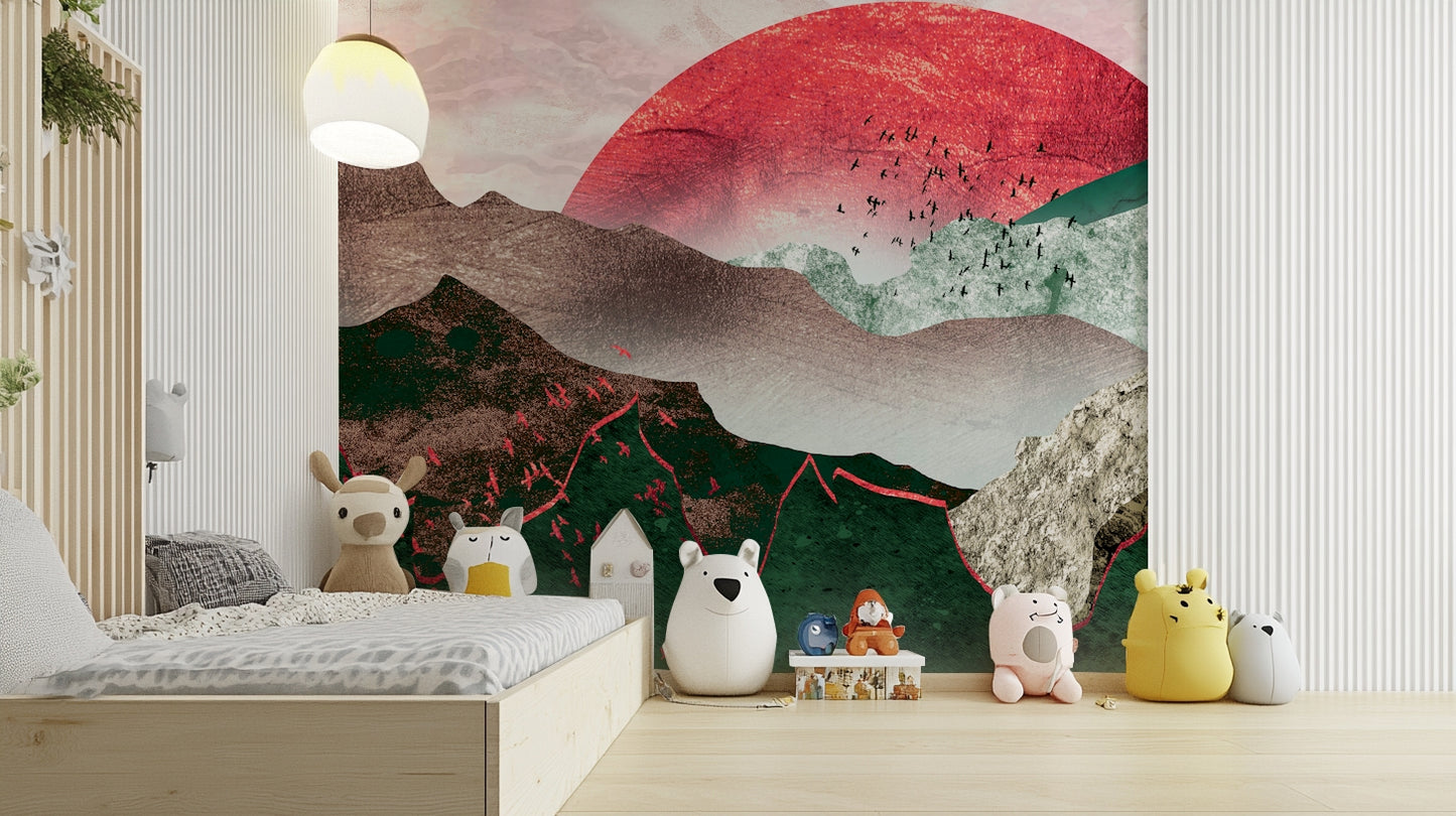 Detailed view of the crimson and grey tones in a landscape home décor mural.