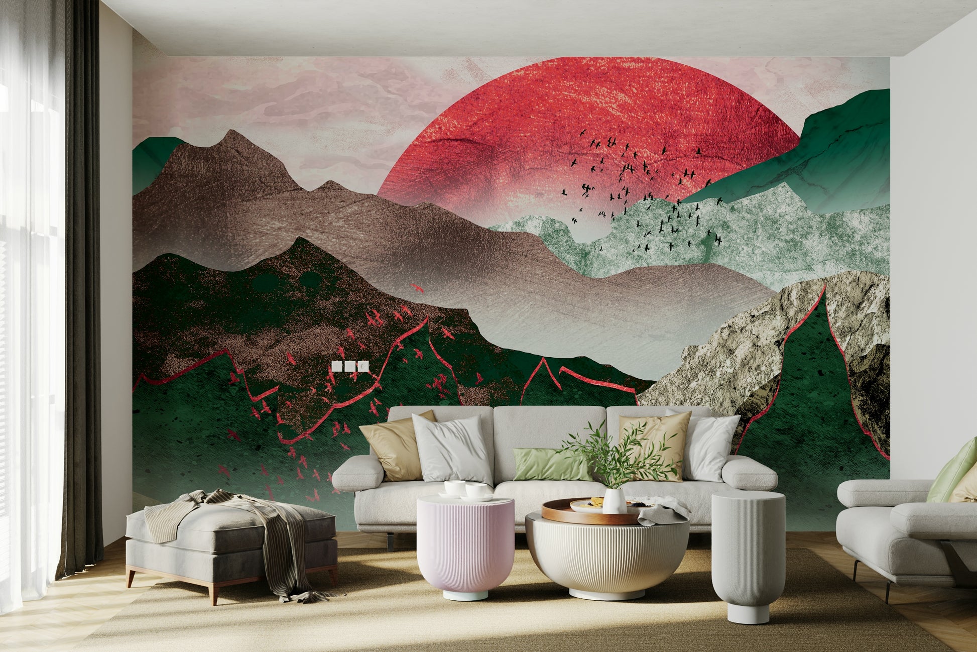 Feature wall in a modern study using Crimson Sunset Over Misty Mountains for a calm feel.