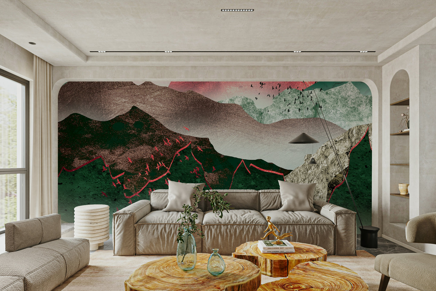 Sophisticated red and charcoal wallpaper for a modern flat renovation.