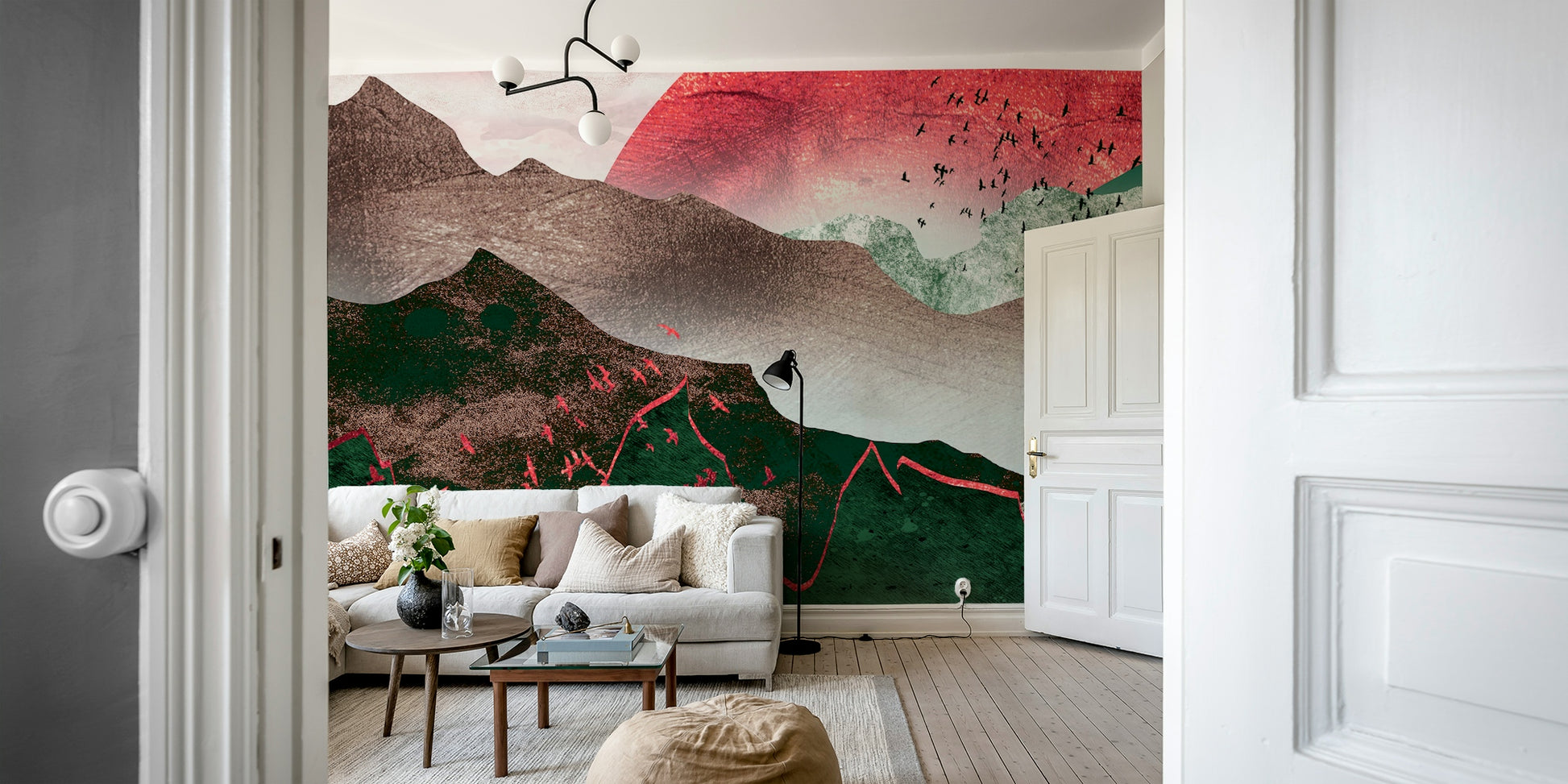 Minimalist hallway project using a soft mountain range print for added depth.