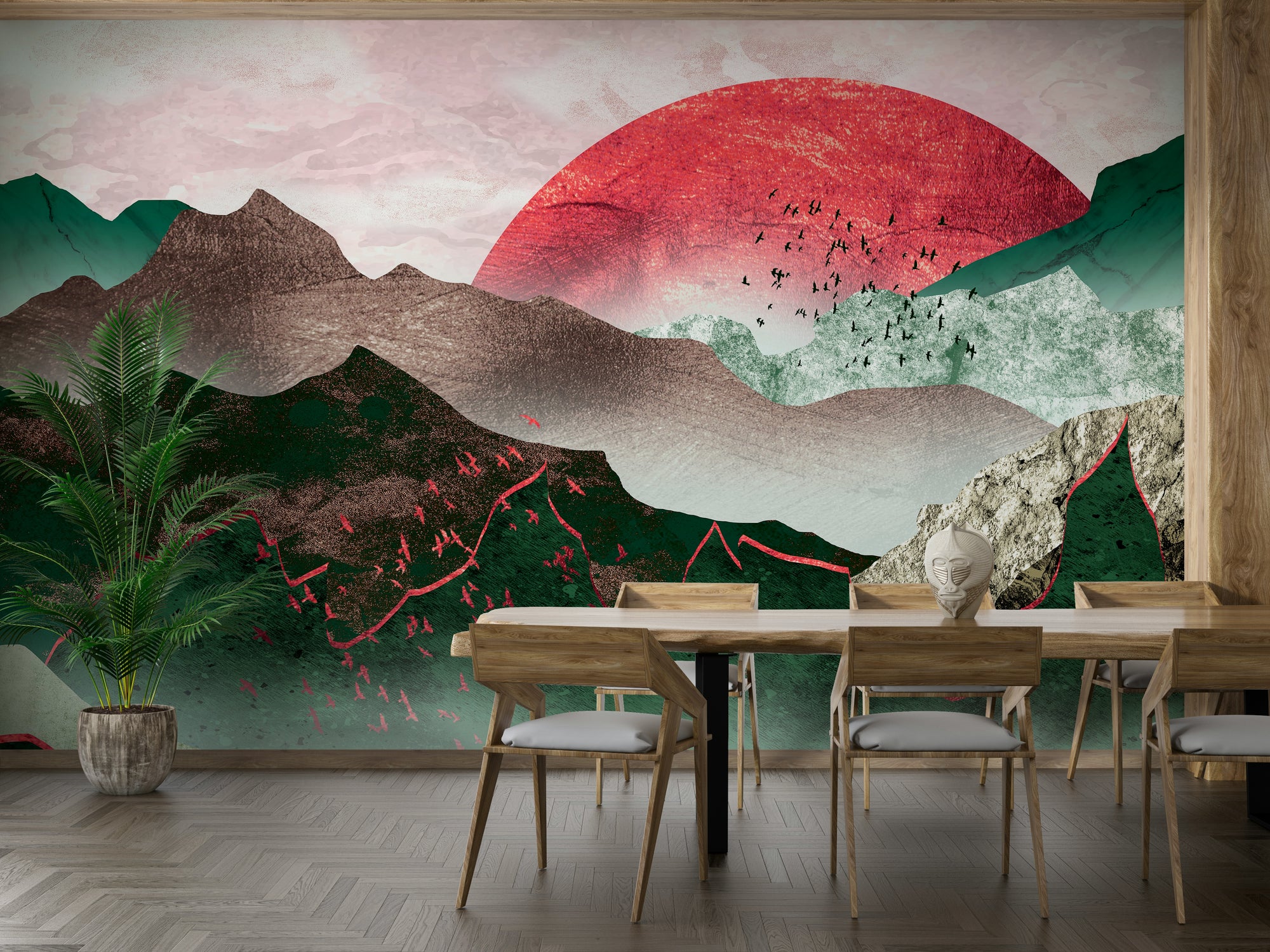 Atmospheric mountain landscape wall covering in a master bedroom with soft lighting.