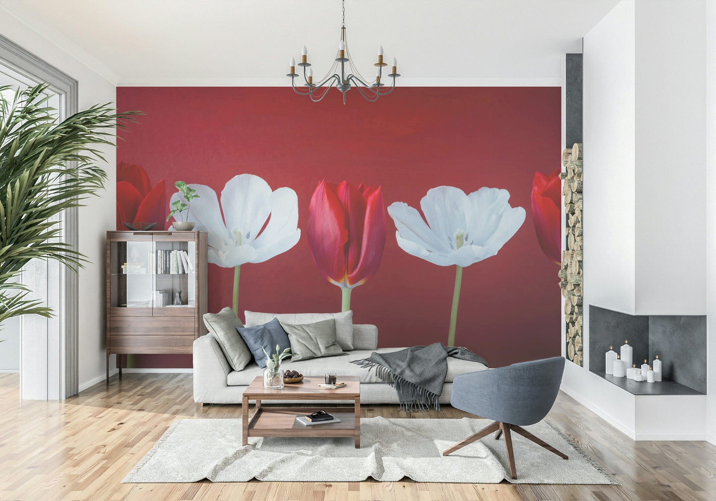 High definition Tulips in a row peel and stick wallpaper with velvet texture look.