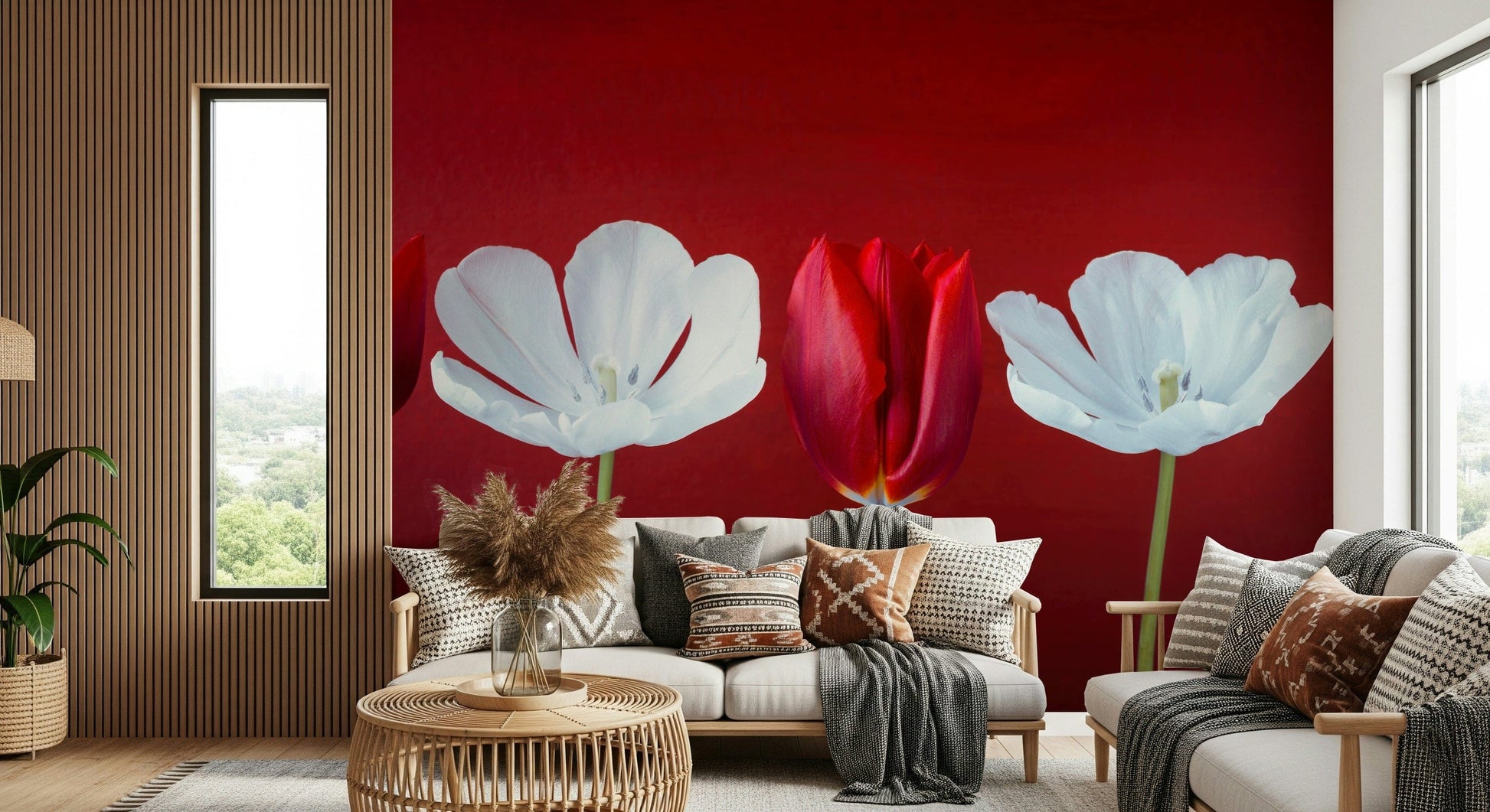 Tulips in a row stick on wallpaper highlighting nature inspired botanical garden scene.