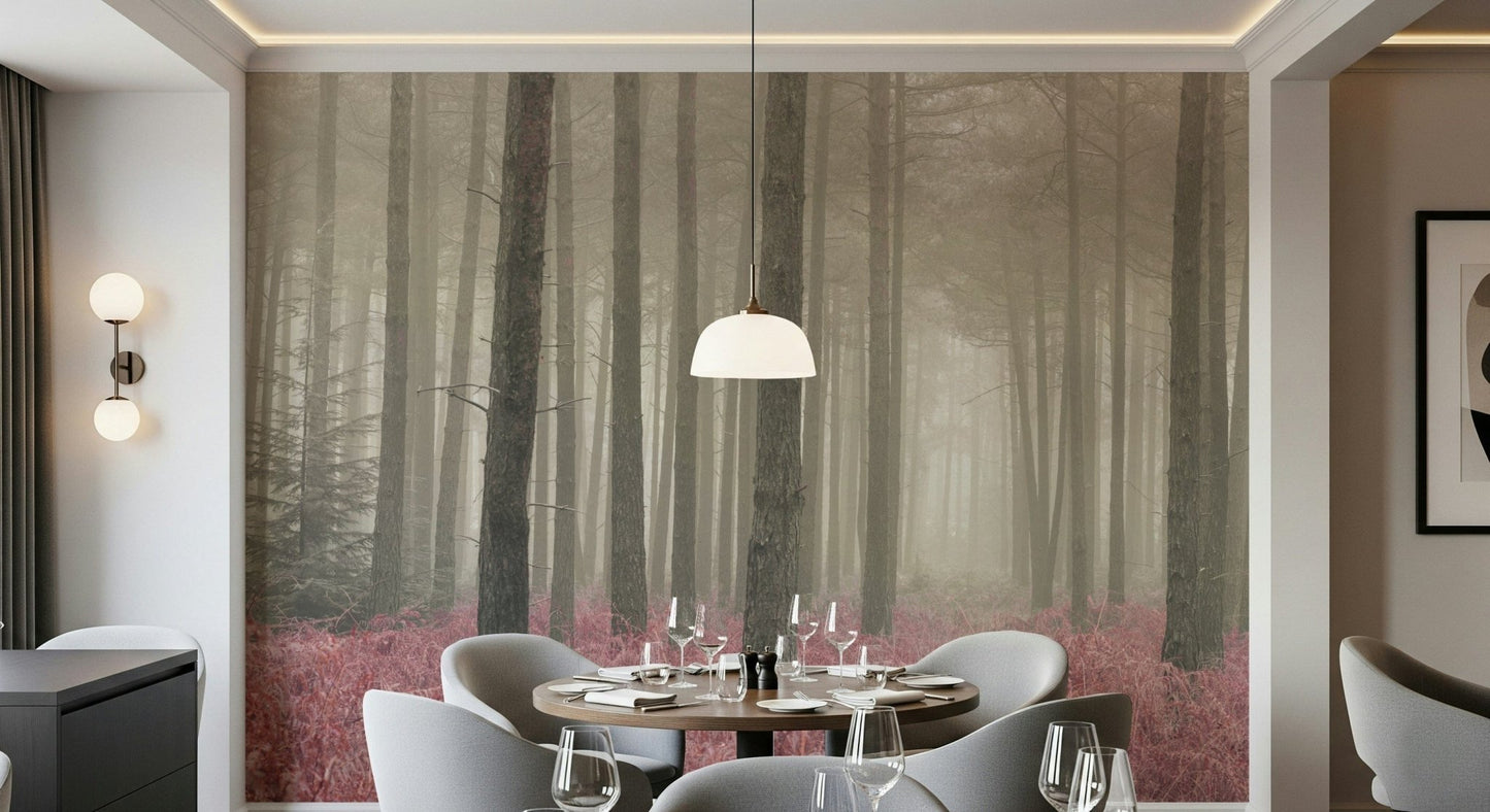 Pink ferns trees Crimson Whisper Woods mural application.