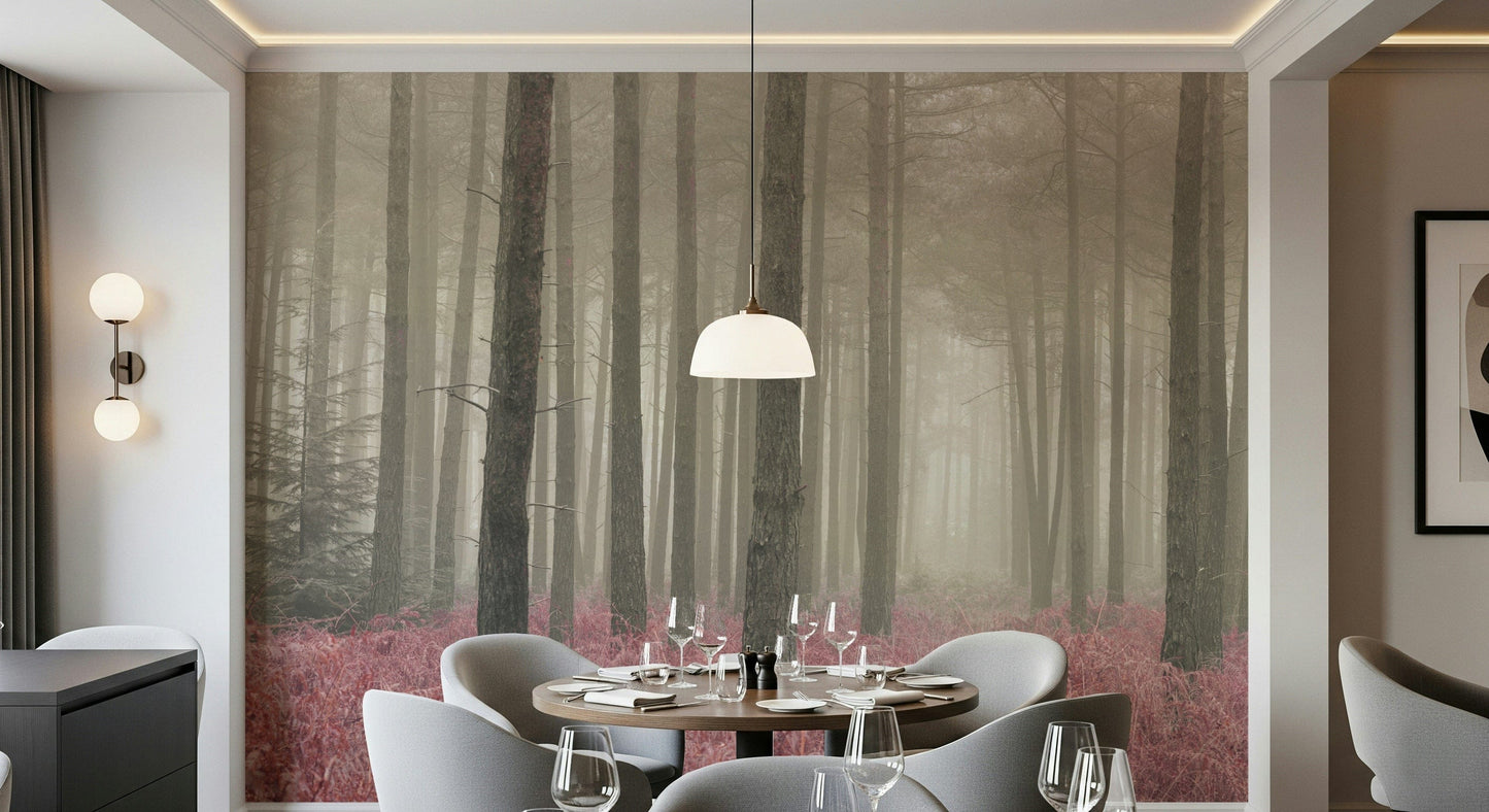 Pink ferns trees Crimson Whisper Woods mural application.