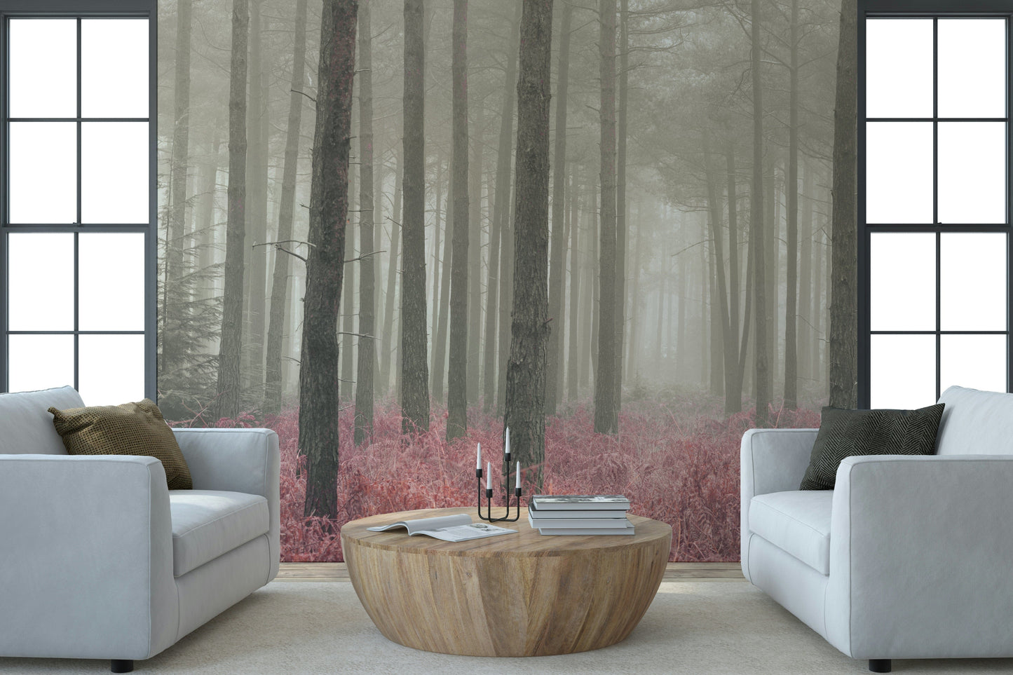 Enchanted Crimson Whisper Woods pine grove covering surface.