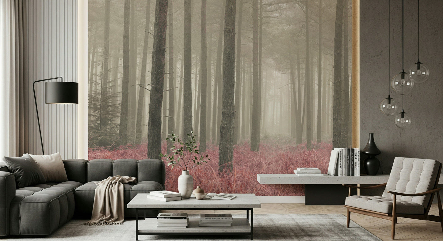 Wall art Crimson Whisper Woods with red undergrowth plants.