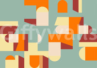 Crisp Air and Warmth Abstract Geometric wallpaper mural close-up showing blocks and arches in orange, rust and sage blue