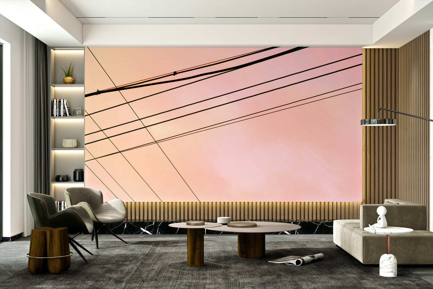 A peaceful intersecting lines mural on decorative wallpaper.

