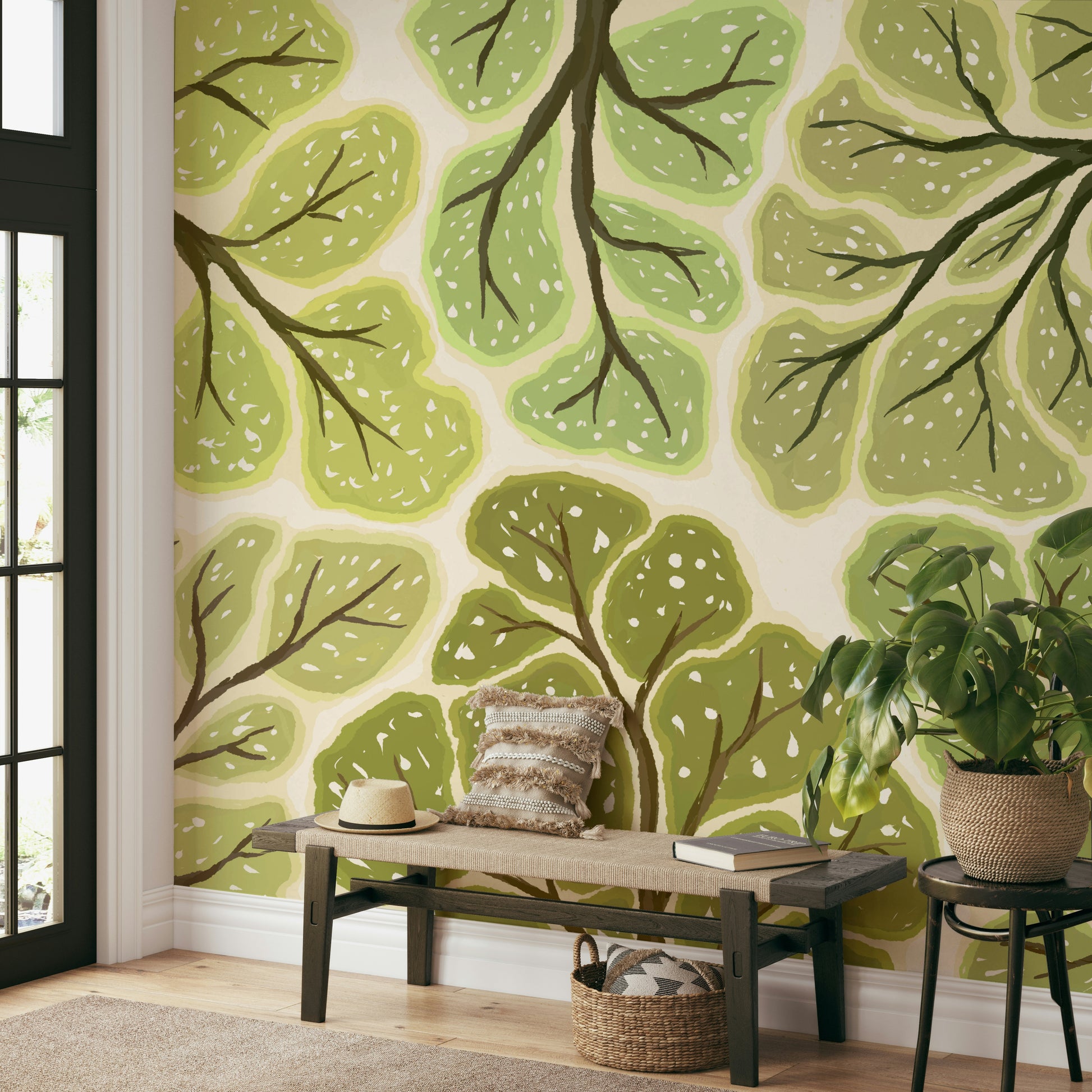 Treetop mural depicting crown shyness phenomenon

