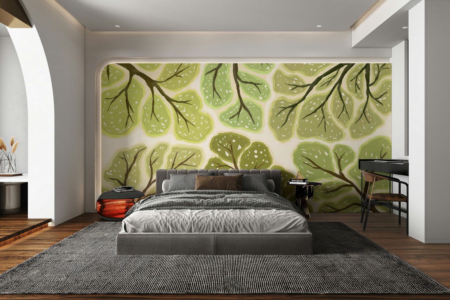 Green forest crown mural with visible sky outlines

