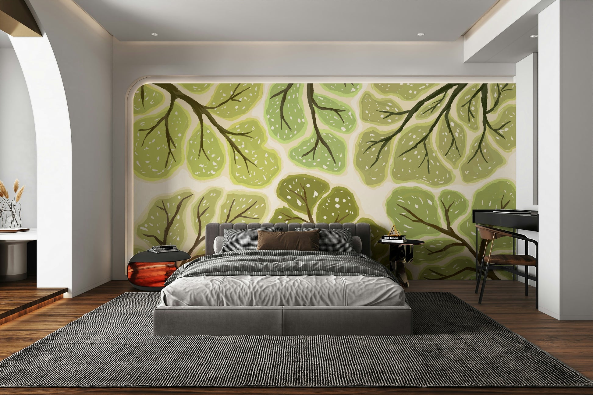 Green forest crown mural with visible sky outlines

