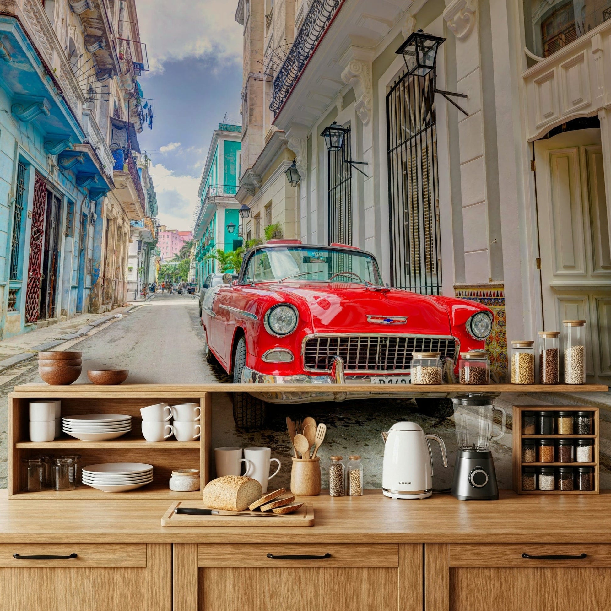 Cuban Classics wallpaper mural of a red vintage car behind a wood counter with dishes in a kitchen