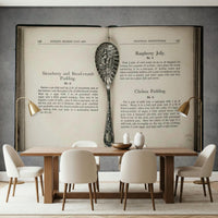 Antique serving spoon on Culinary Antiques mural for kitchen backsplash decor.