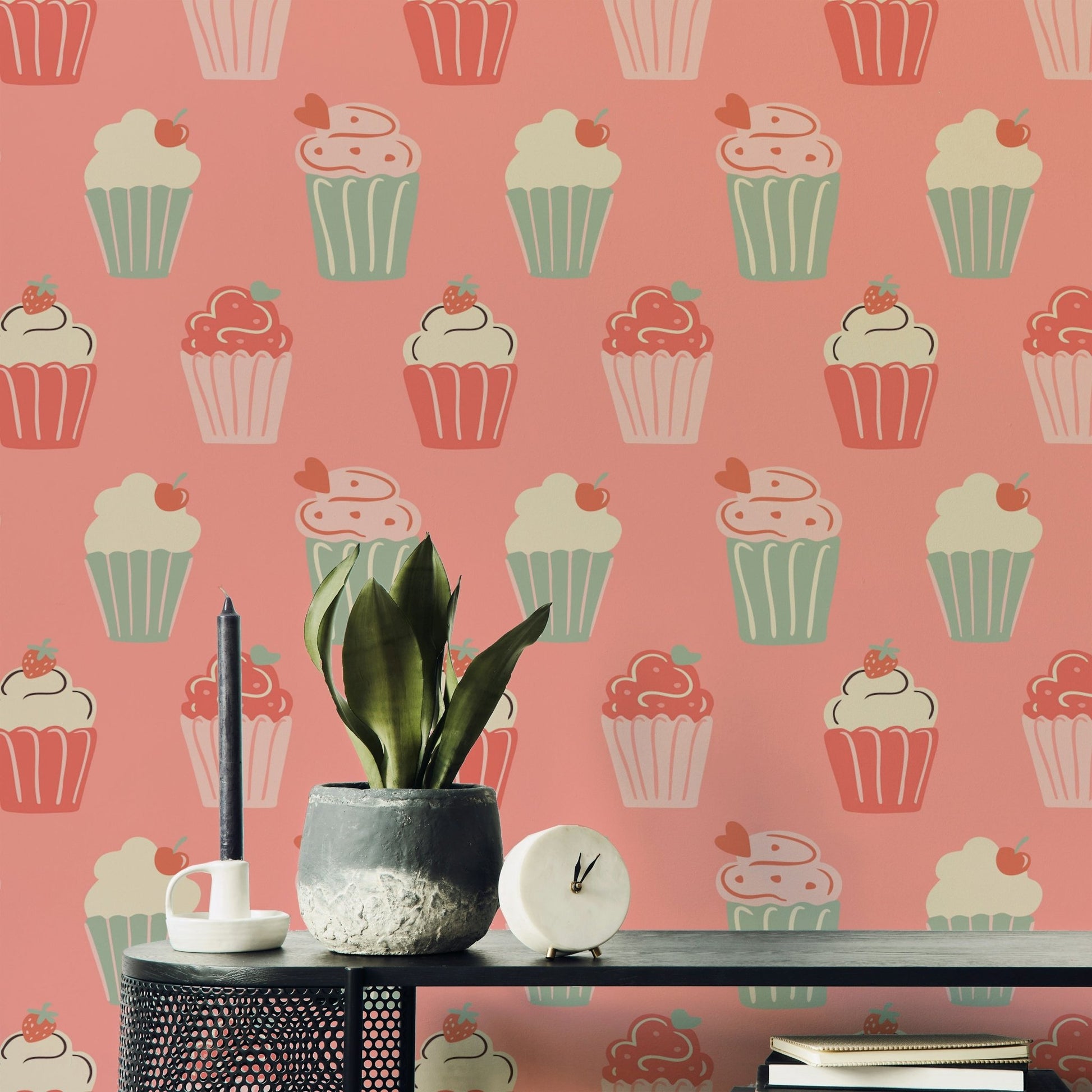 Fun dessert wallpaper with retro cupcake design

