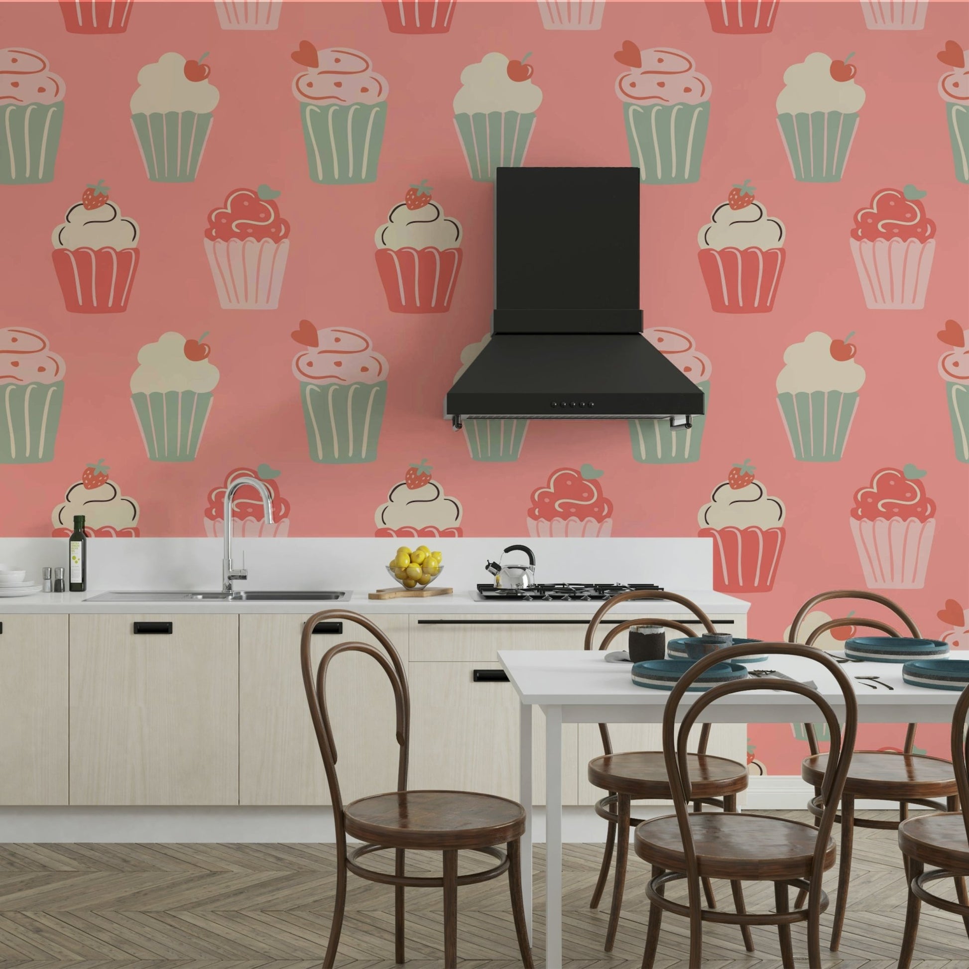 Cupcake print wallpaper in pink, cream, and pastels


