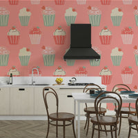 Cupcake print wallpaper in pink, cream, and pastels

