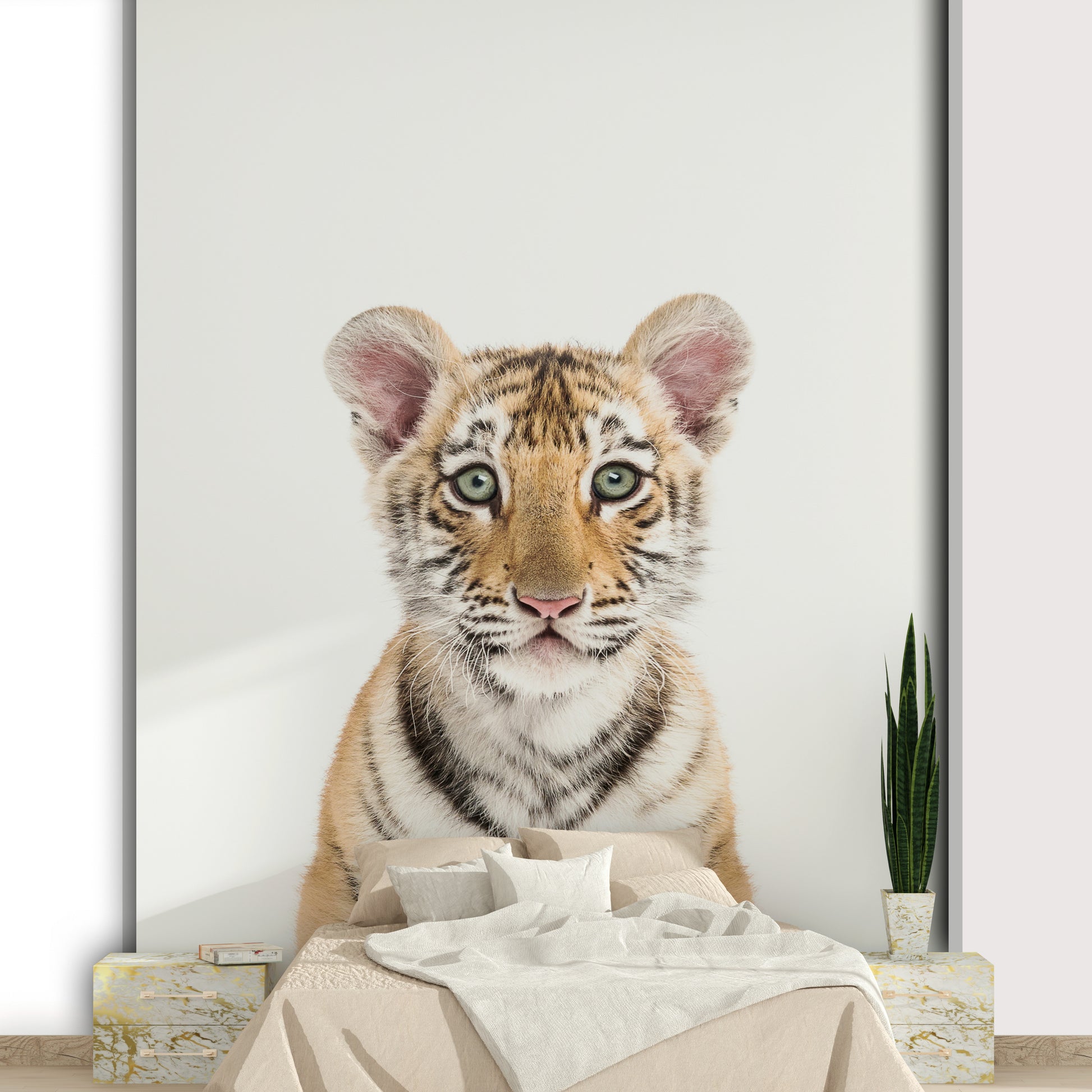 Jungle animal mural featuring baby tiger cub

