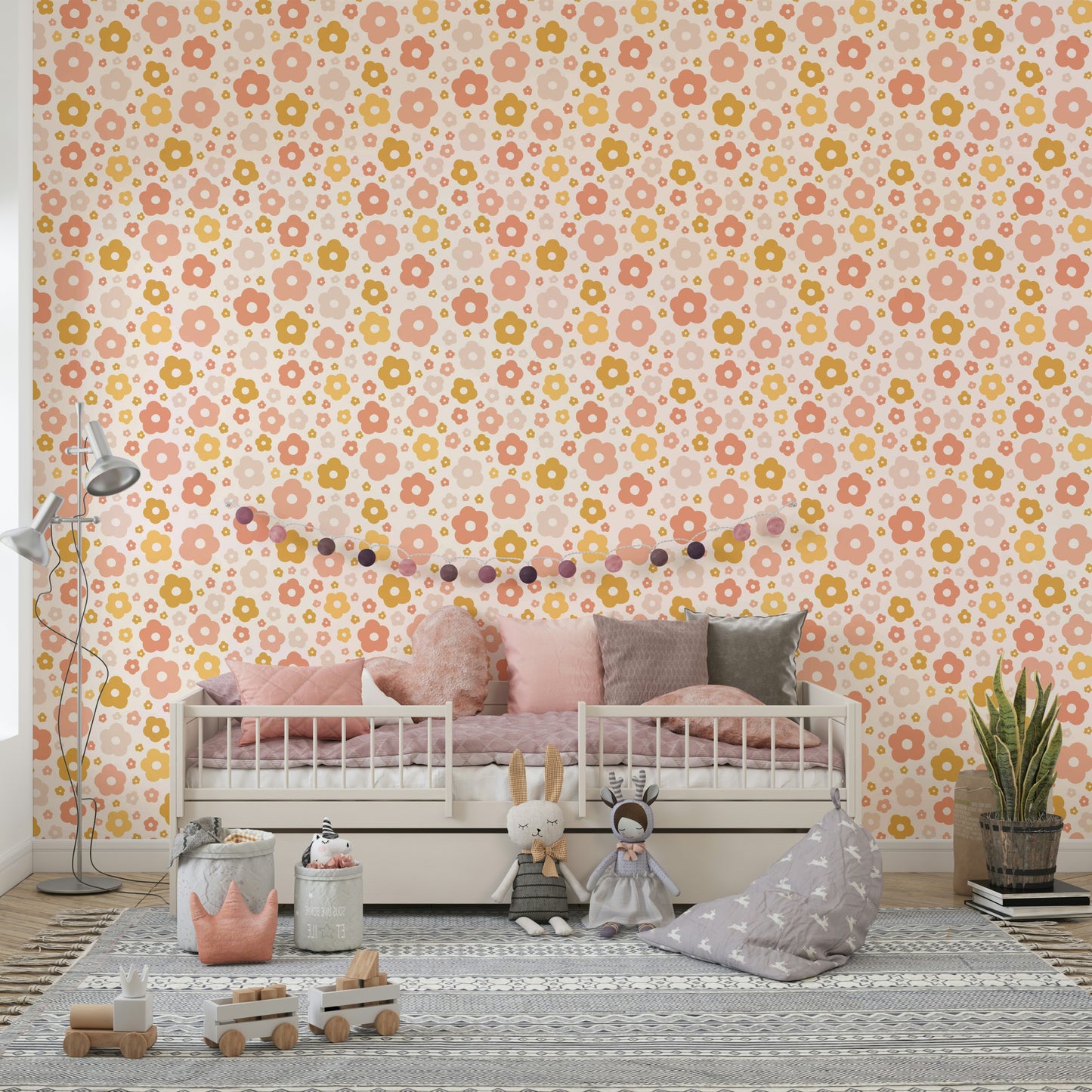 Neutral floral wallpaper with boho daisies design


