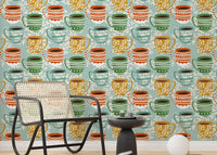 Whimsical coffee mug wallpaper for living space

