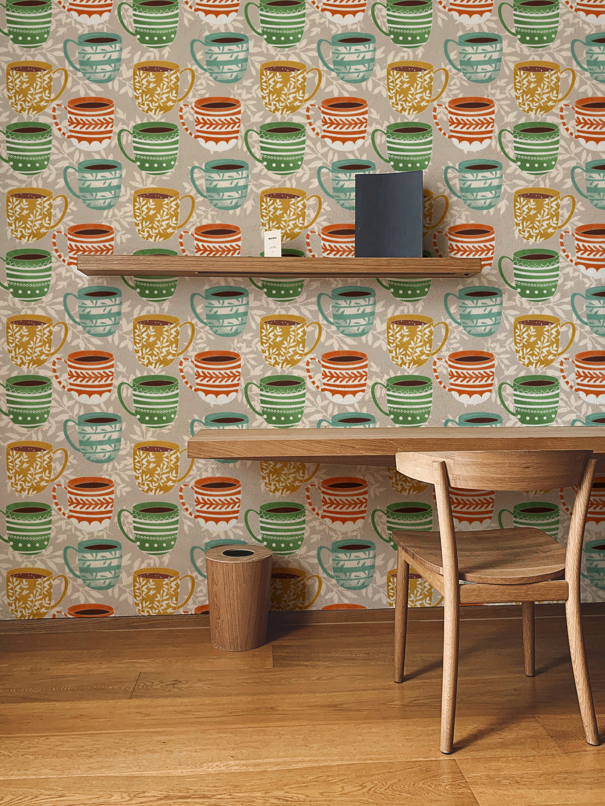 Hand-drawn coffee mug mural for interiors
