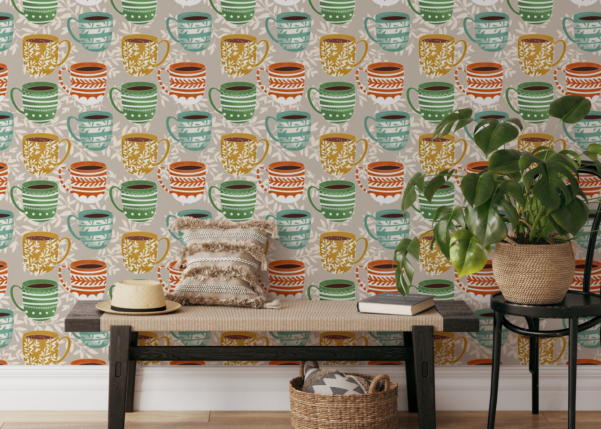 Playful mug prints on grey wallpaper design
