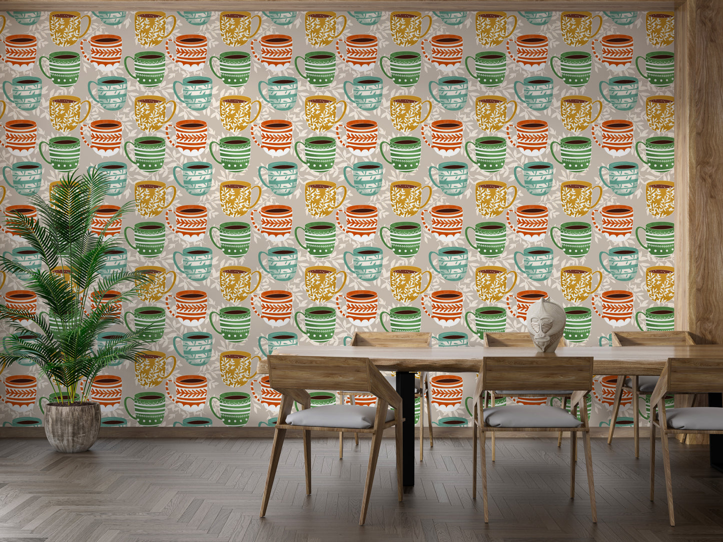 Artistic mug pattern mural for modern spaces
