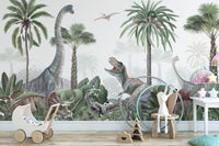 Watercolor dinosaur-themed wallpaper with lush greenery