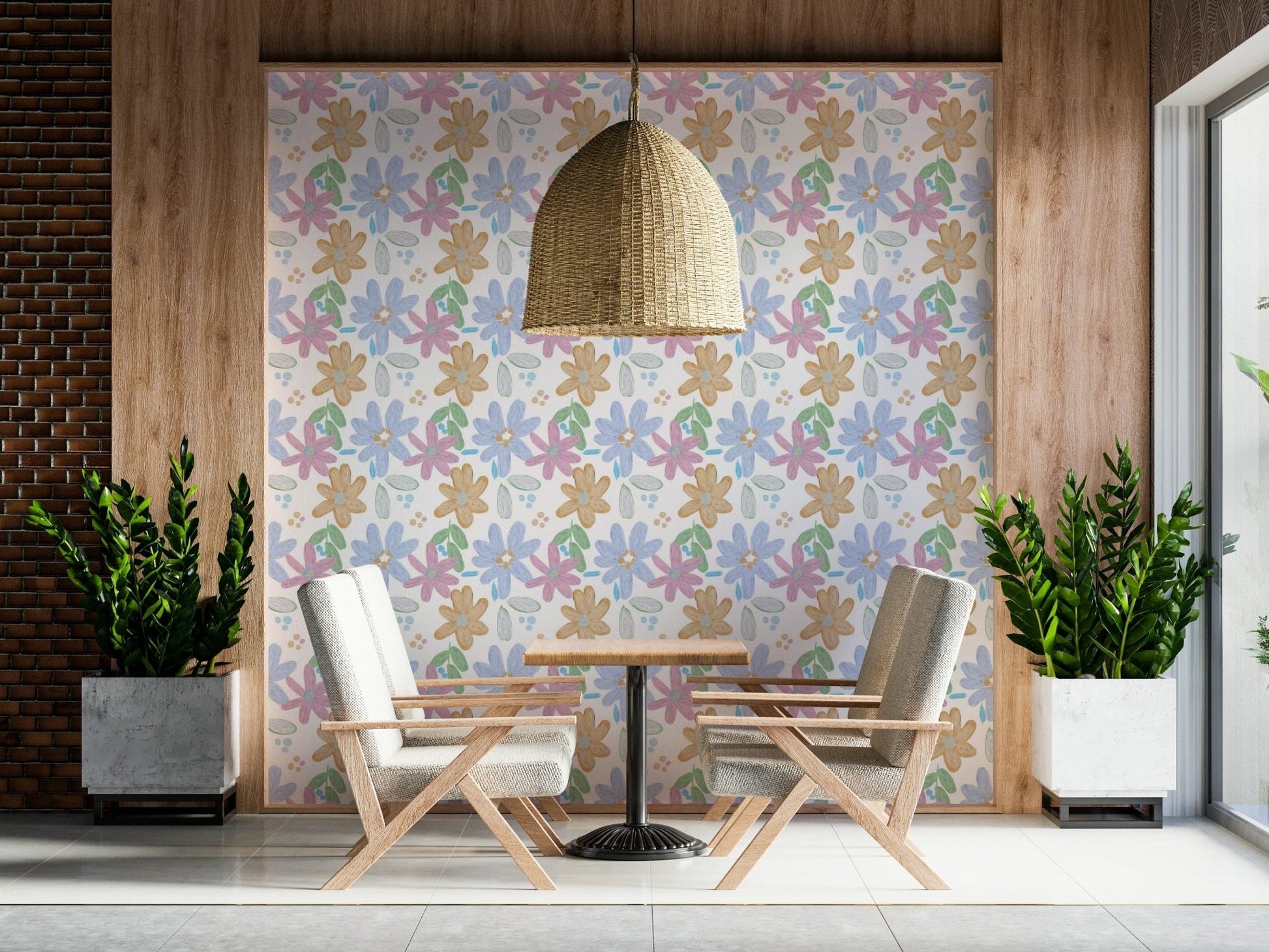 Playful oil-painted flower wallpaper with thick, expressive brushstrokes.