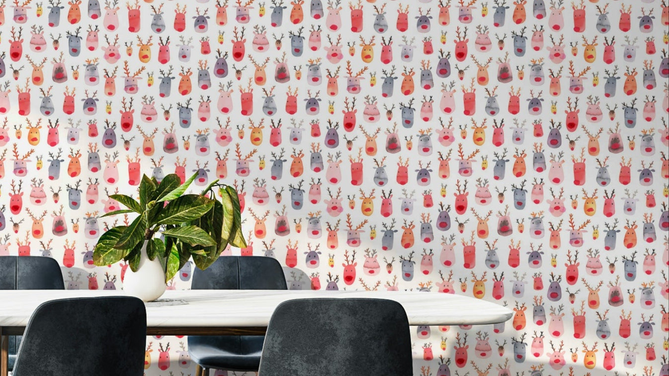 Cute reindeers kids wallpaper with snowflakes

