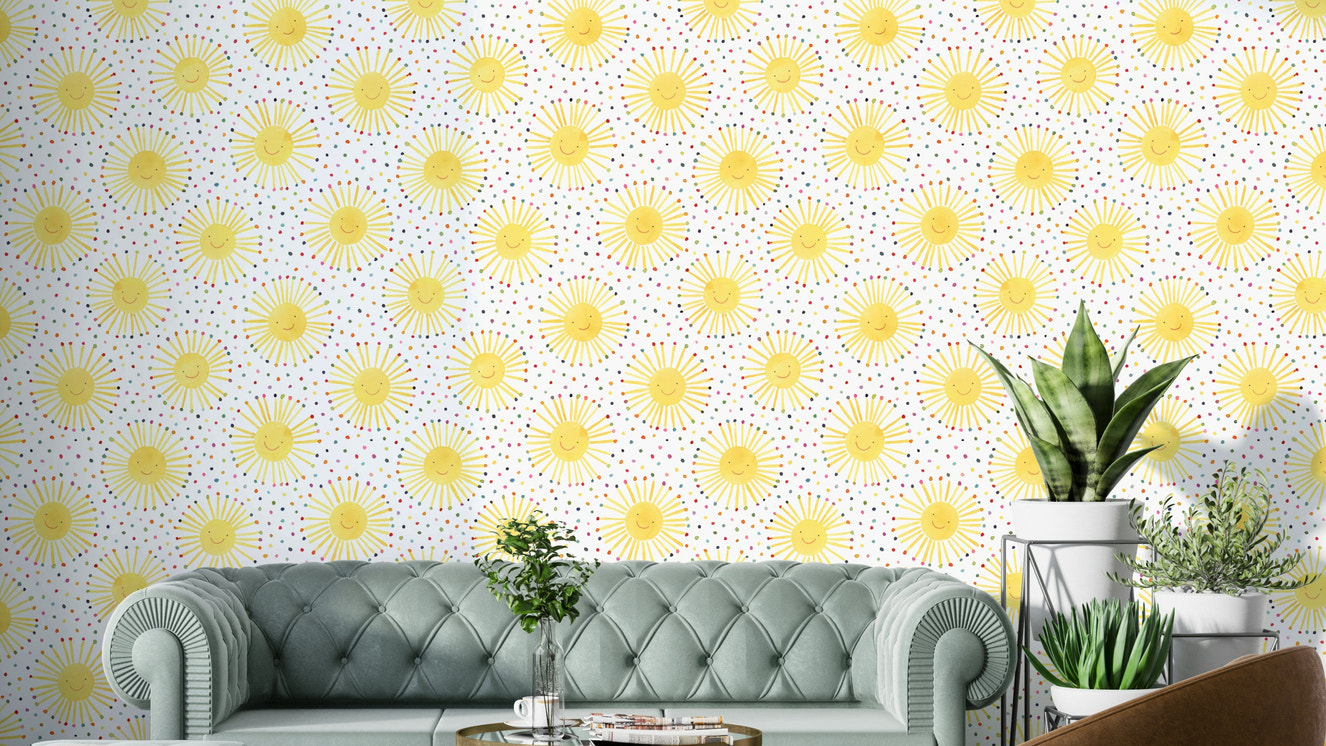 Cute suns smiley wallpaper in Scandinavian nursery style

