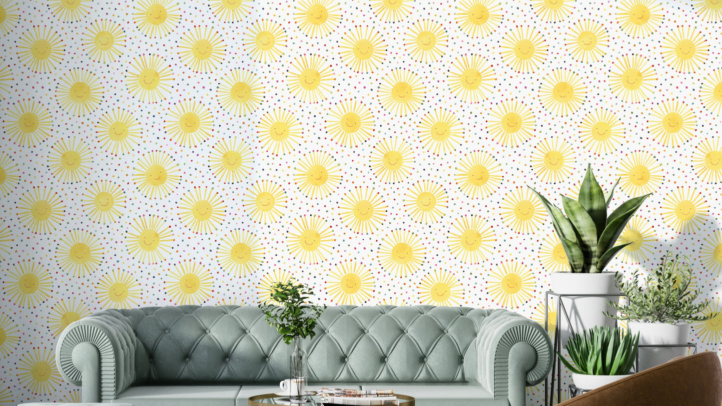 Cute suns smiley wallpaper in Scandinavian nursery style

