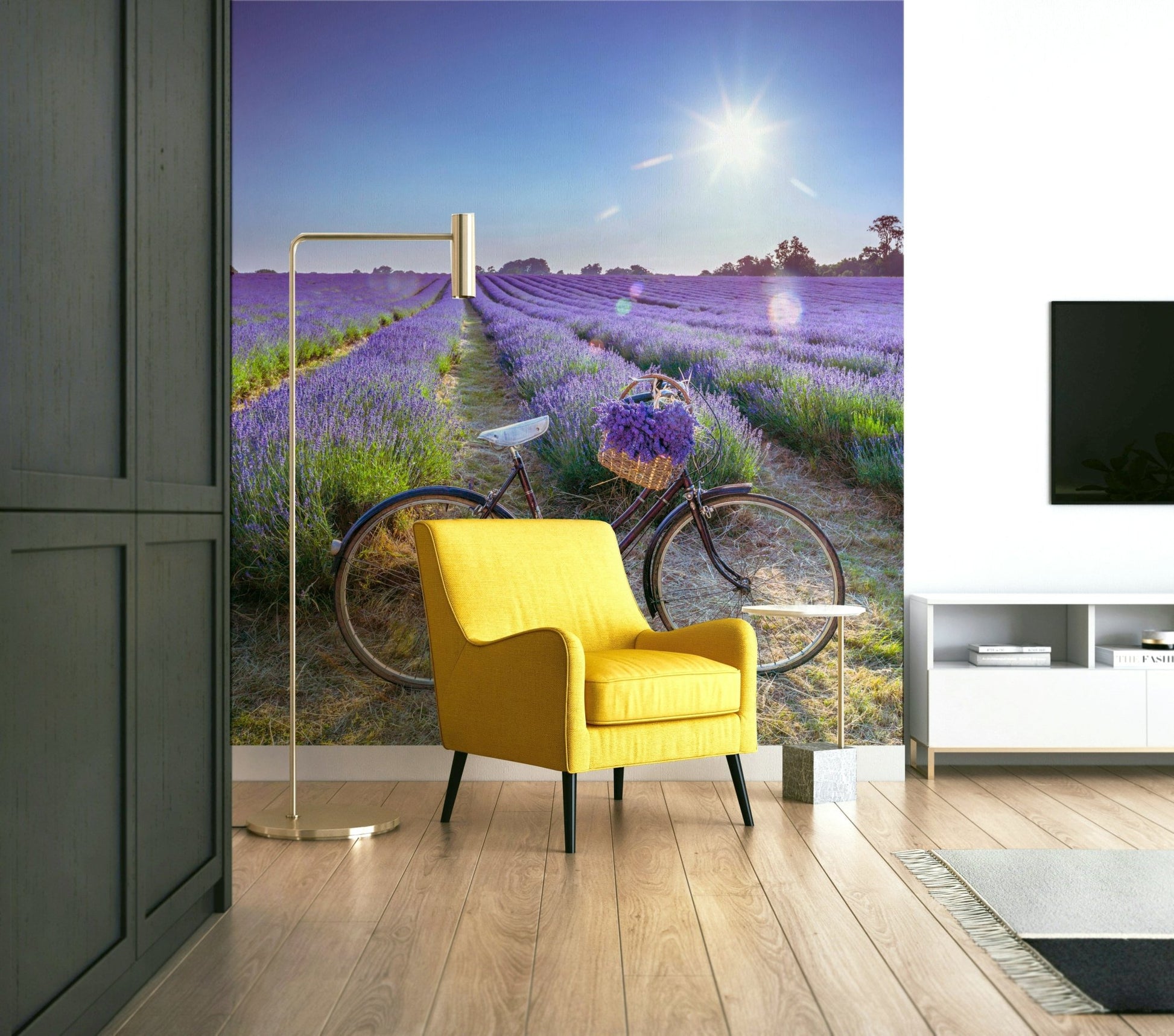 Beautifully detailed lavender field mural with a bicycle.

