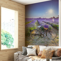 Vintage bike in lavender field wallpaper mural for calming spaces.


