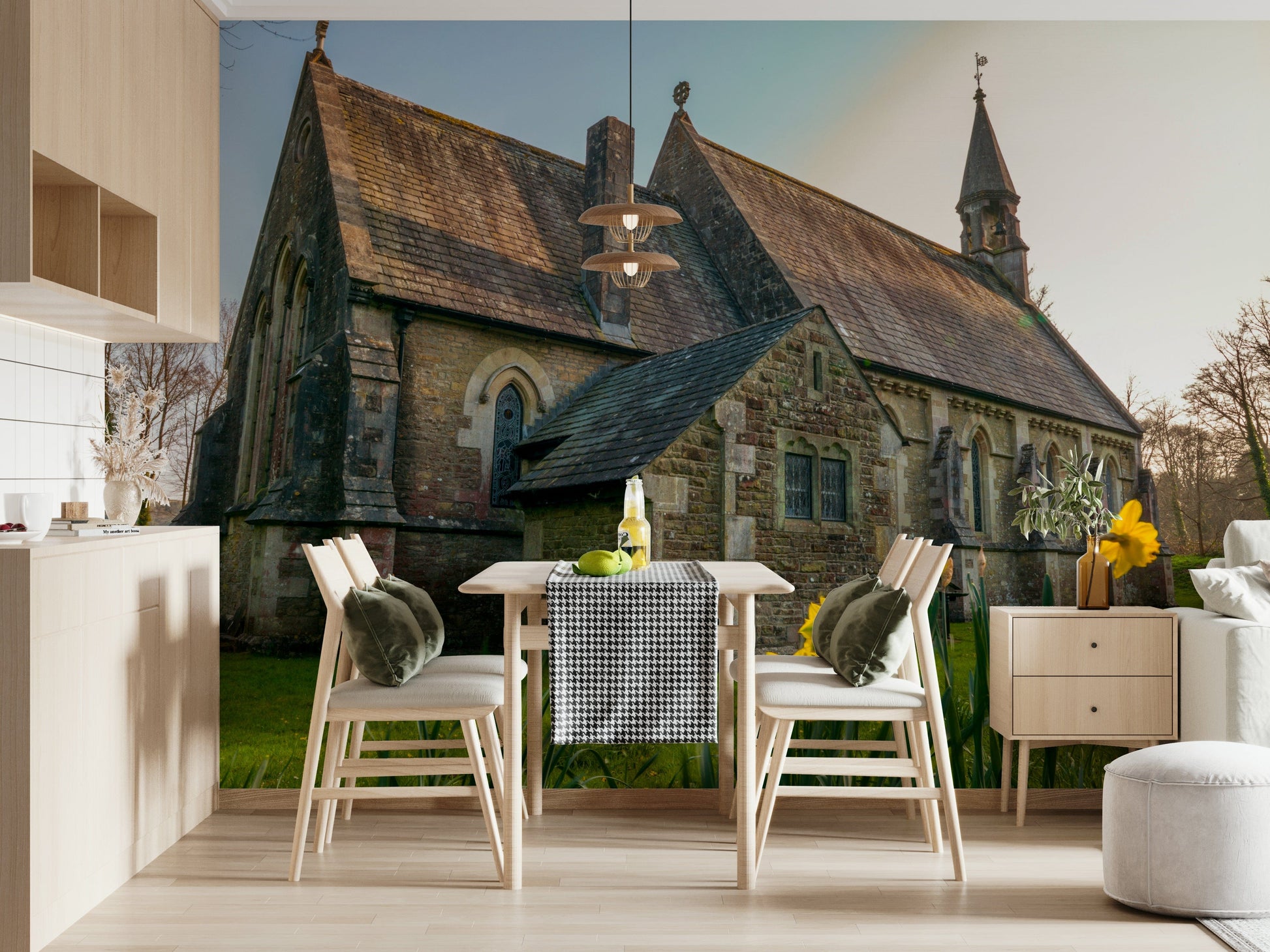 Peaceful green grass and Golden Daffodils wallpaper creating pastoral village atmosphere.