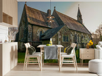 Peaceful green grass and Golden Daffodils wallpaper creating pastoral village atmosphere.