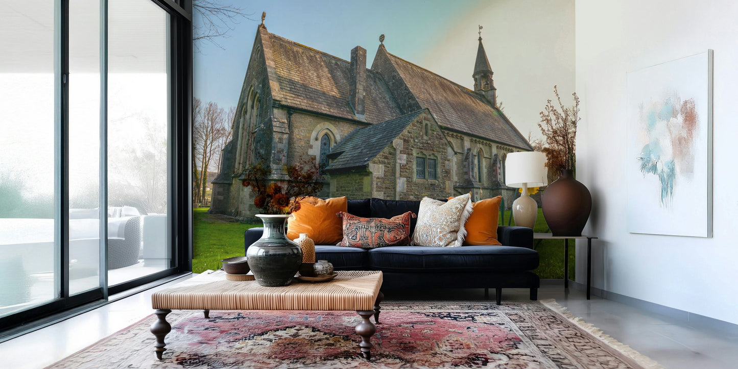 Gothic style church amidst Golden Daffodils wallpaper for walls offering vintage charm.