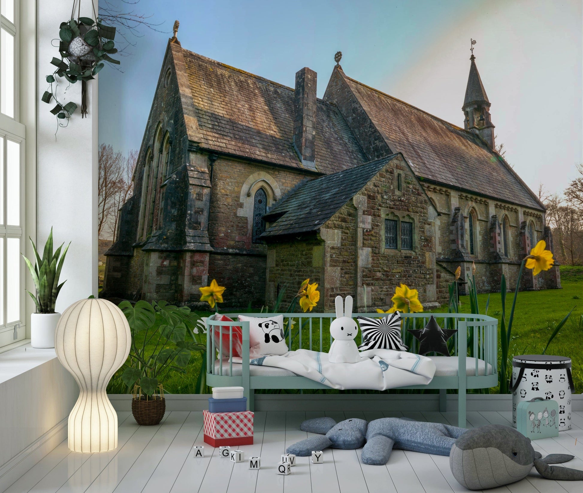 Religious sanctuary exterior captured in Golden Daffodils wallpaper with sunlight beams.